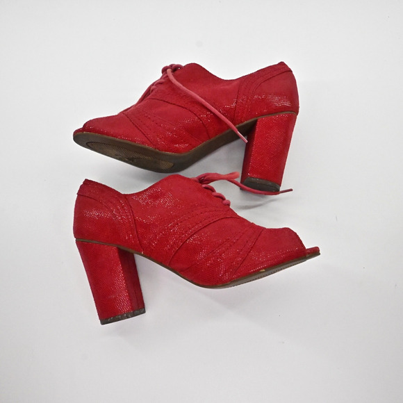 SEYCHELLES Womens Eternity Peep‎ Toe Oxford Heels Sz 6 Red Shimmer Lace Up Retro - Picture 8 of 9